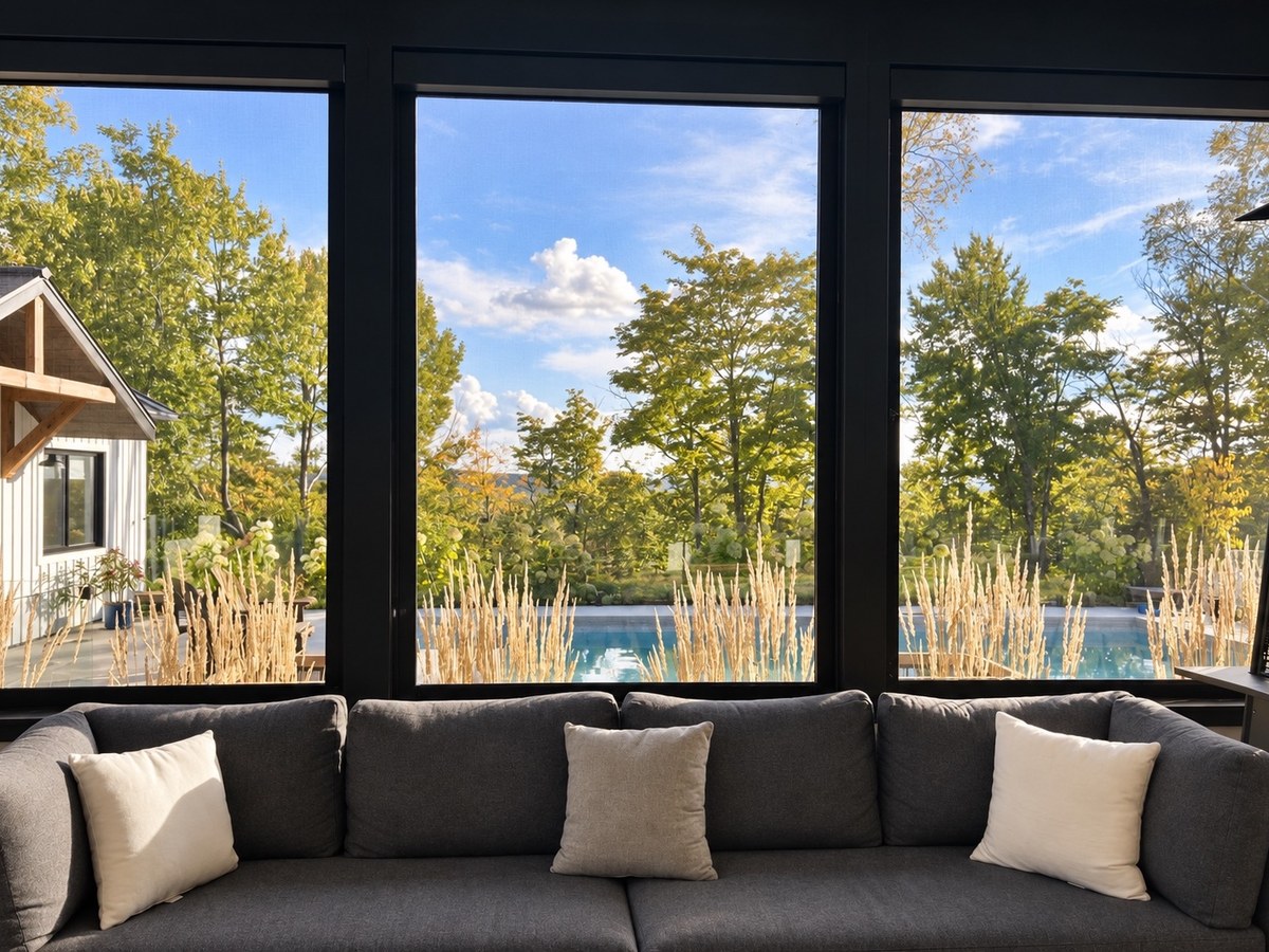 Vue depuis un salon extérieur MonShade, stores déployés, piscine en arrière-plan