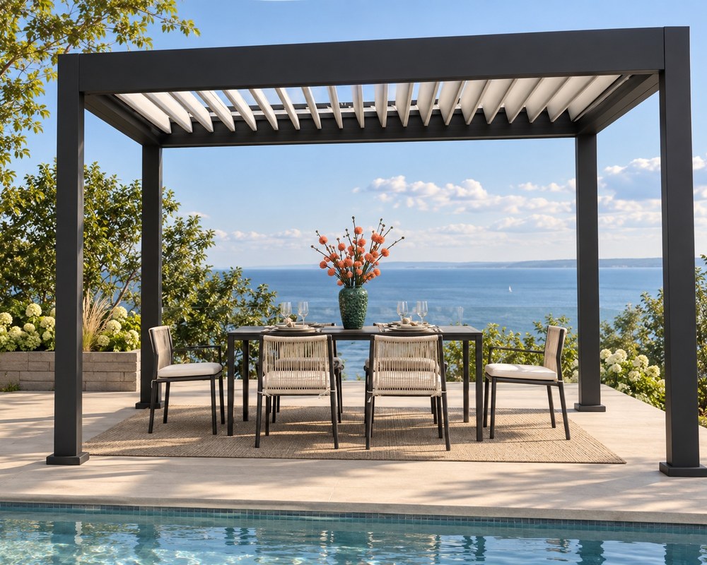 Pergola motorisée à lames orientables face à la mer