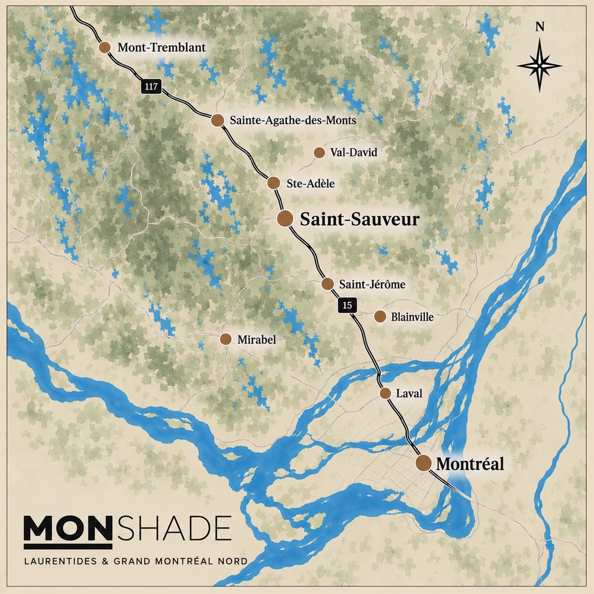 Carte du territoire desservi par MonShade : Mont-Tremblant, Sainte-Agathe-des-Monts, Sainte-Adèle, Saint-Sauveur, Saint-Jérôme, Blainville, Mirabel, Laval et Montréal